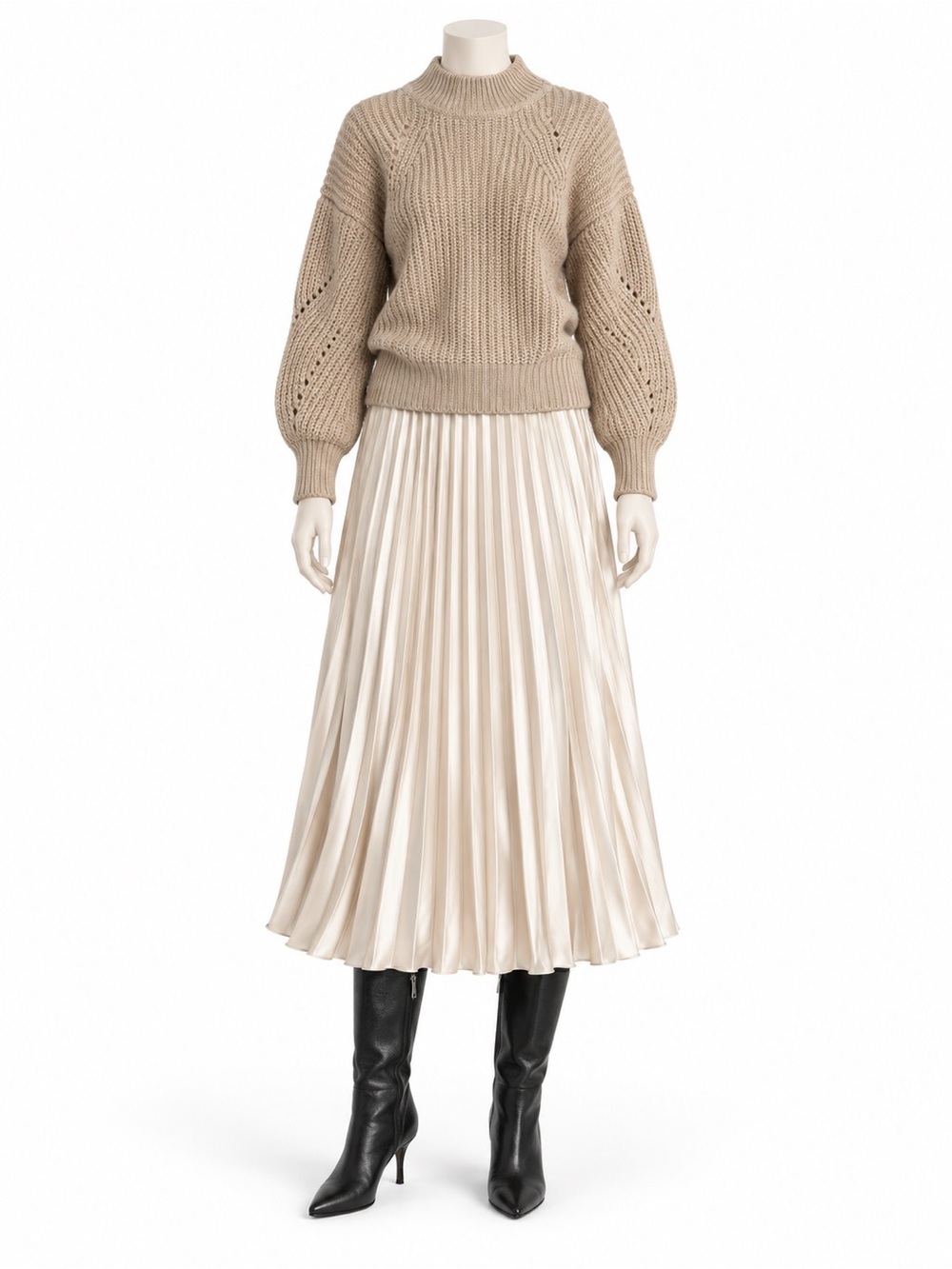 Zara Pleated Satin Midi Skirt in Cream